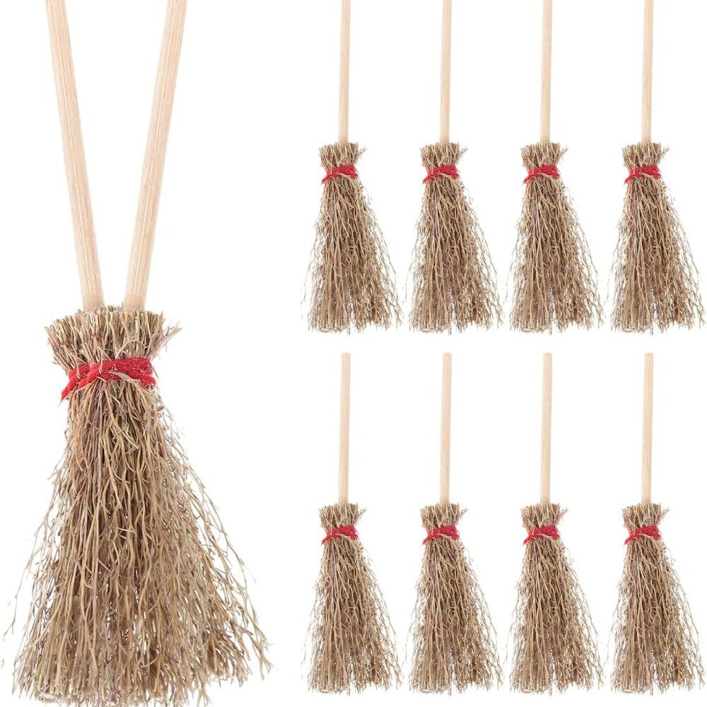 Mini Broom Hanging Witches Prop Broom with Rope Straw Broom Wizard Decor 12pcs